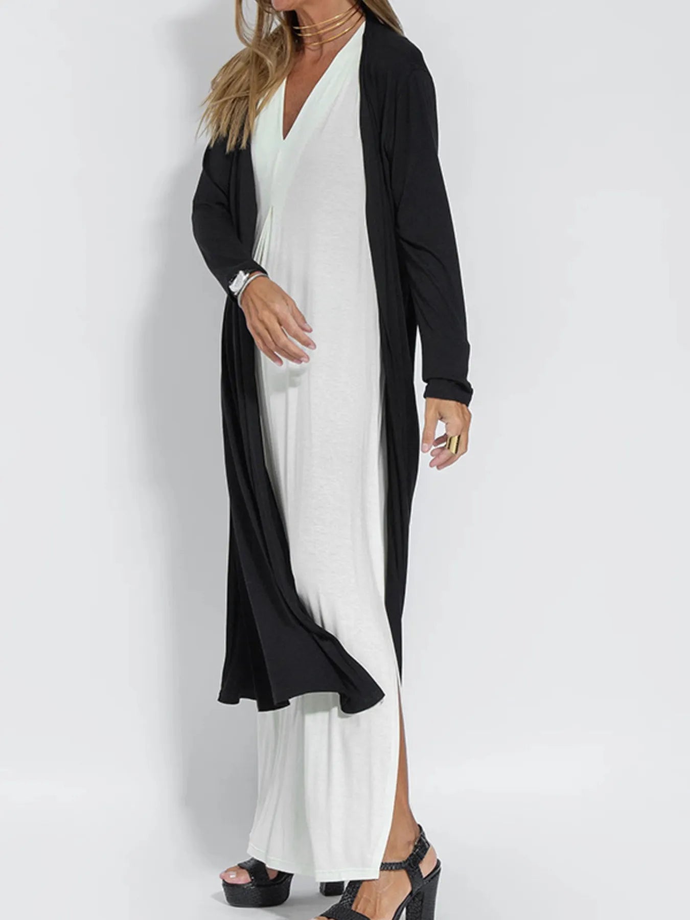 Full Size Open Front Side Slit Longline Cardigan Plus Size OutfitFlow