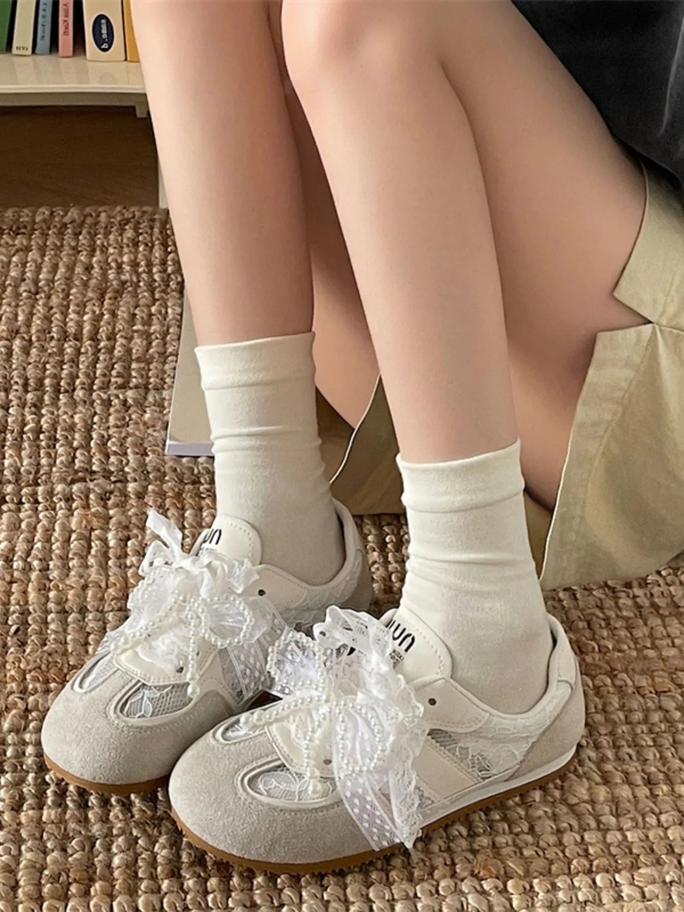 Vintage Lace Ribbon Sneakers OutfitFlow