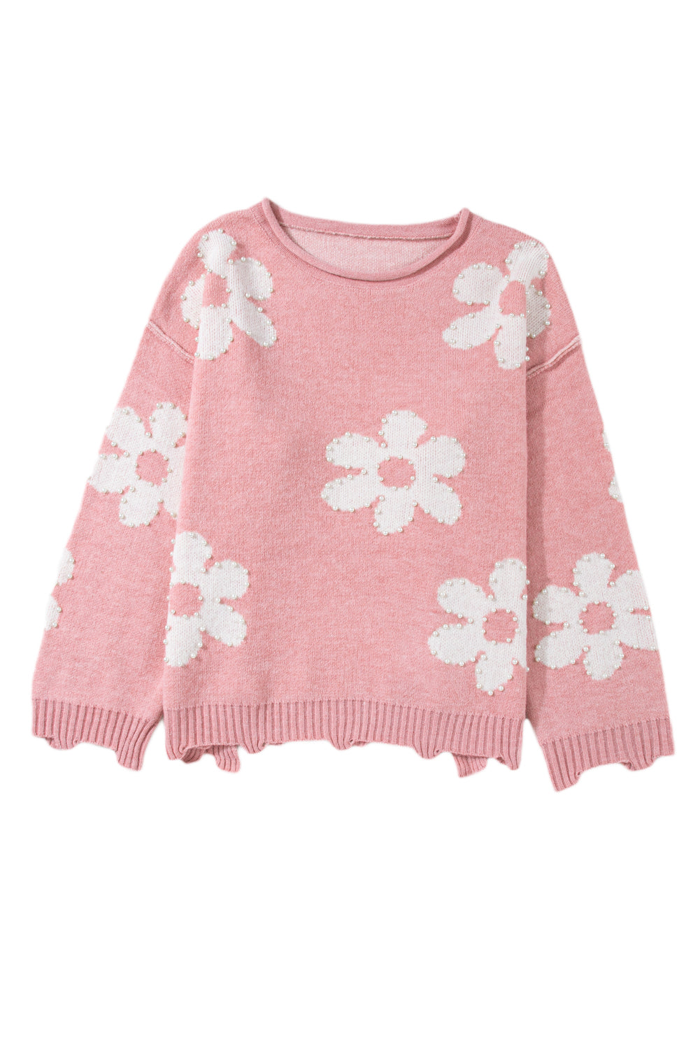 Outfit Flow - Pearl Trim Flower Round Neck Sweater