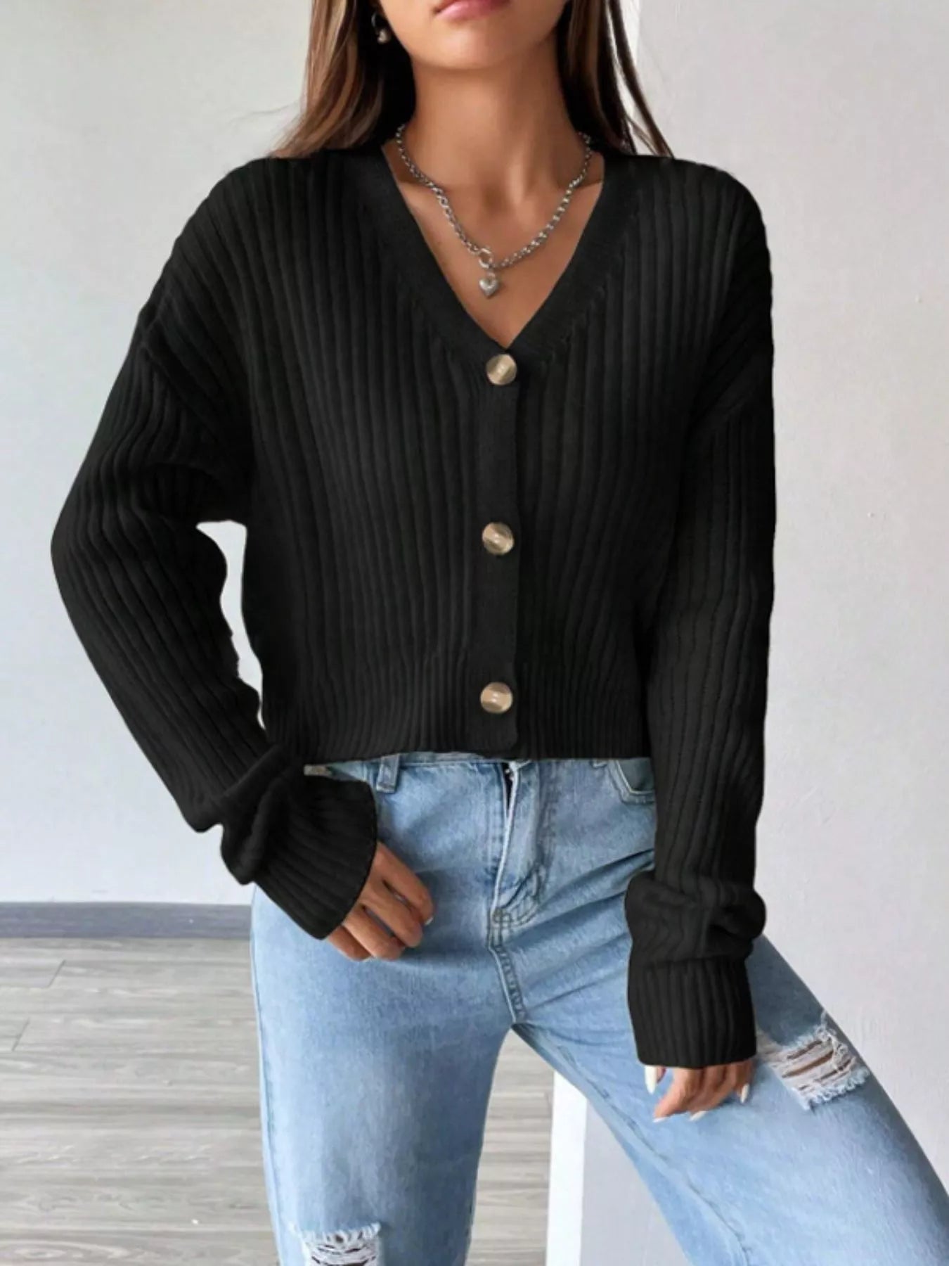 Ribbed Knit Button-Up Cropped Cardigan OutfitFlow