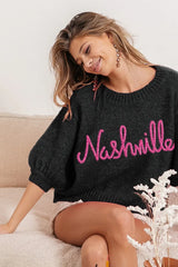 BiBi Metallic Letter Short Puff Sleeve Hairy Sweater BLACK OutfitFlow