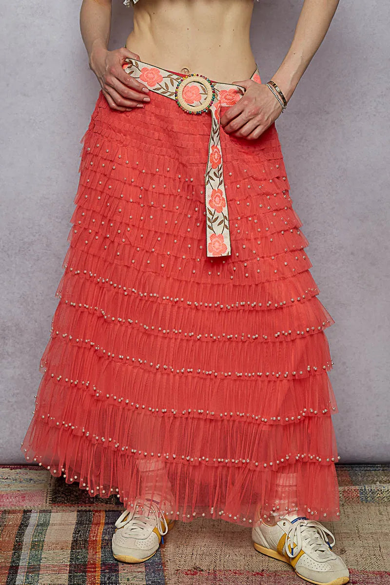 POL Tiered Ruffle Maxi Skirt with Pearl Decorative PEACH ECHO Trendsi