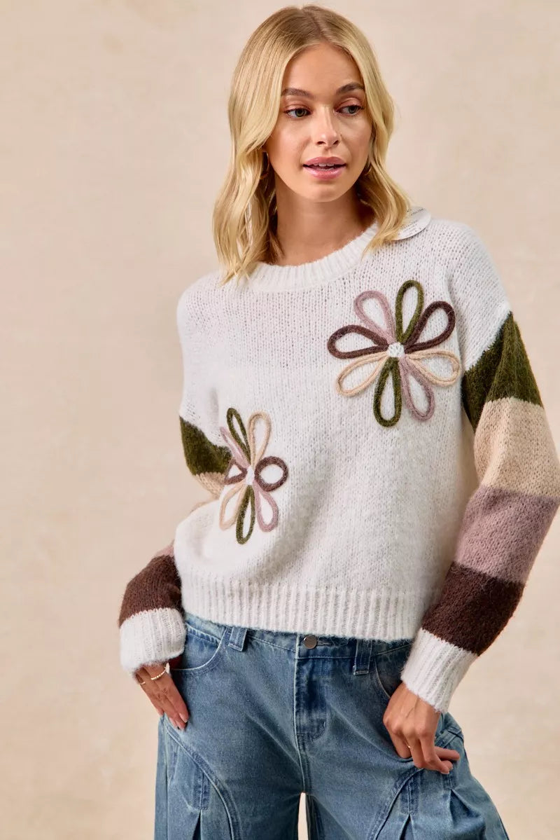 BiBi Flower Color Block Sweater OutfitFlow