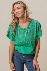 BiBi Rhinestone Beaded Short Sleeve Top OutfitFlow