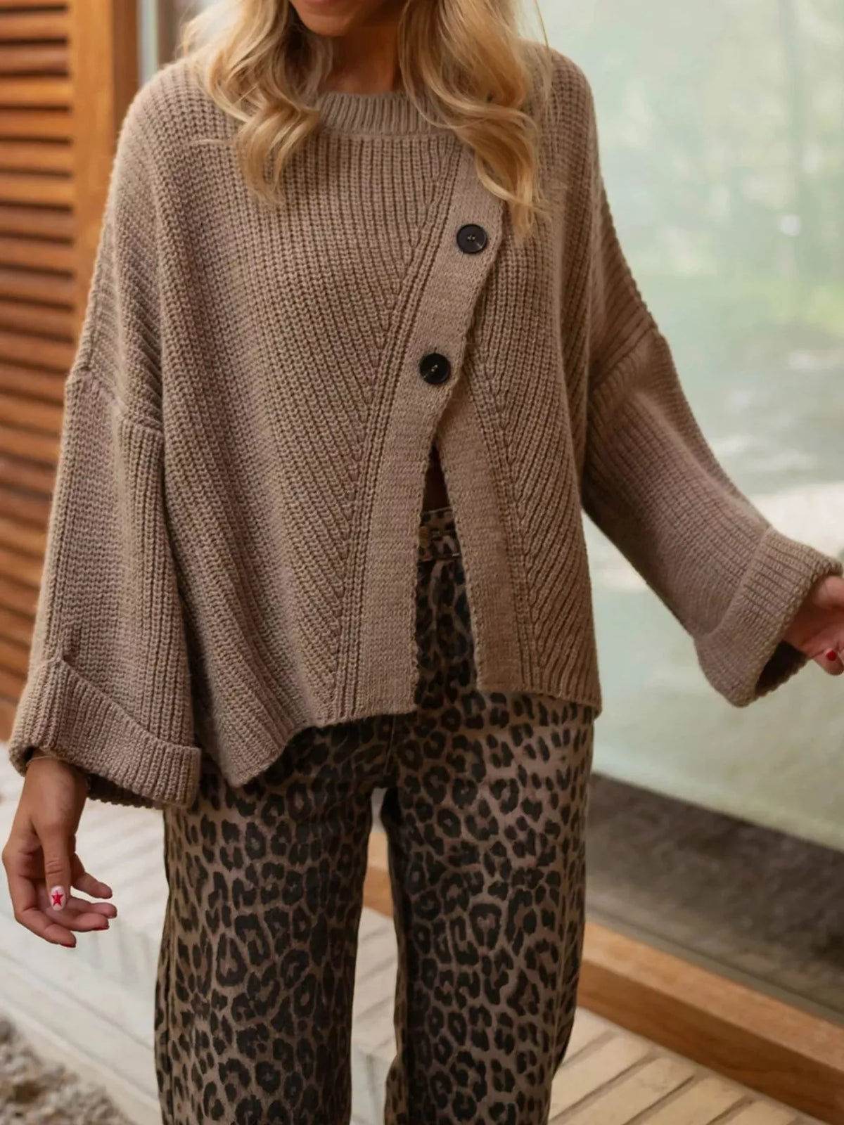 Asymmetrical Button Detail Sweater Khaki One Size Trendsi