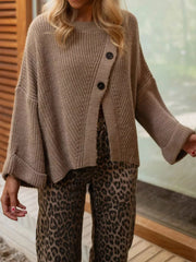 Asymmetrical Button Detail Sweater Khaki One Size Trendsi