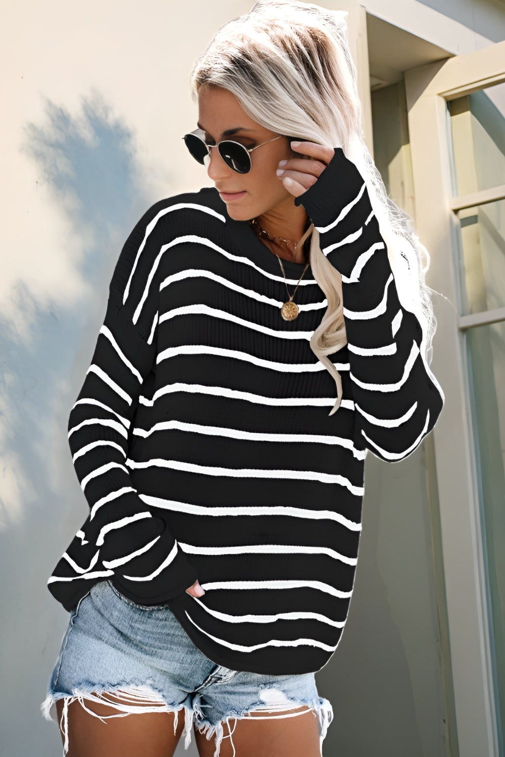 Striped Round Neck Drop Shoulder Sweater Black OutfitFlow