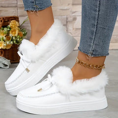 Outfit Flow - Bow Furry Round Toe Flat Slip-Ons