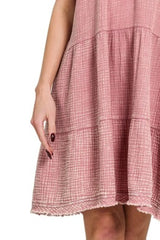 Zenana Washed Double Gauze Raw Edge V-Neck Dress OutfitFlow