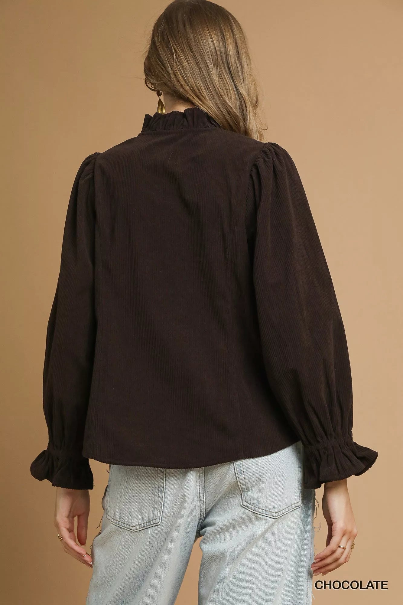 Umgee Corduroy Ruffle Shirt with Long Puff Sleeves OutfitFlow