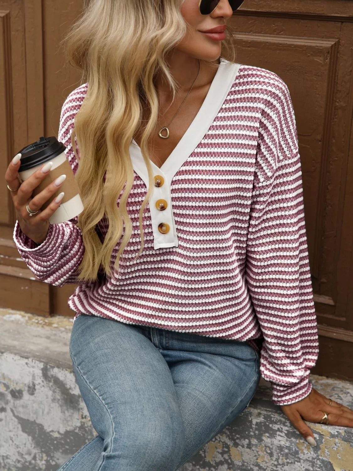 Striped Button Detail Long Sleeve T-Shirt Trendsi