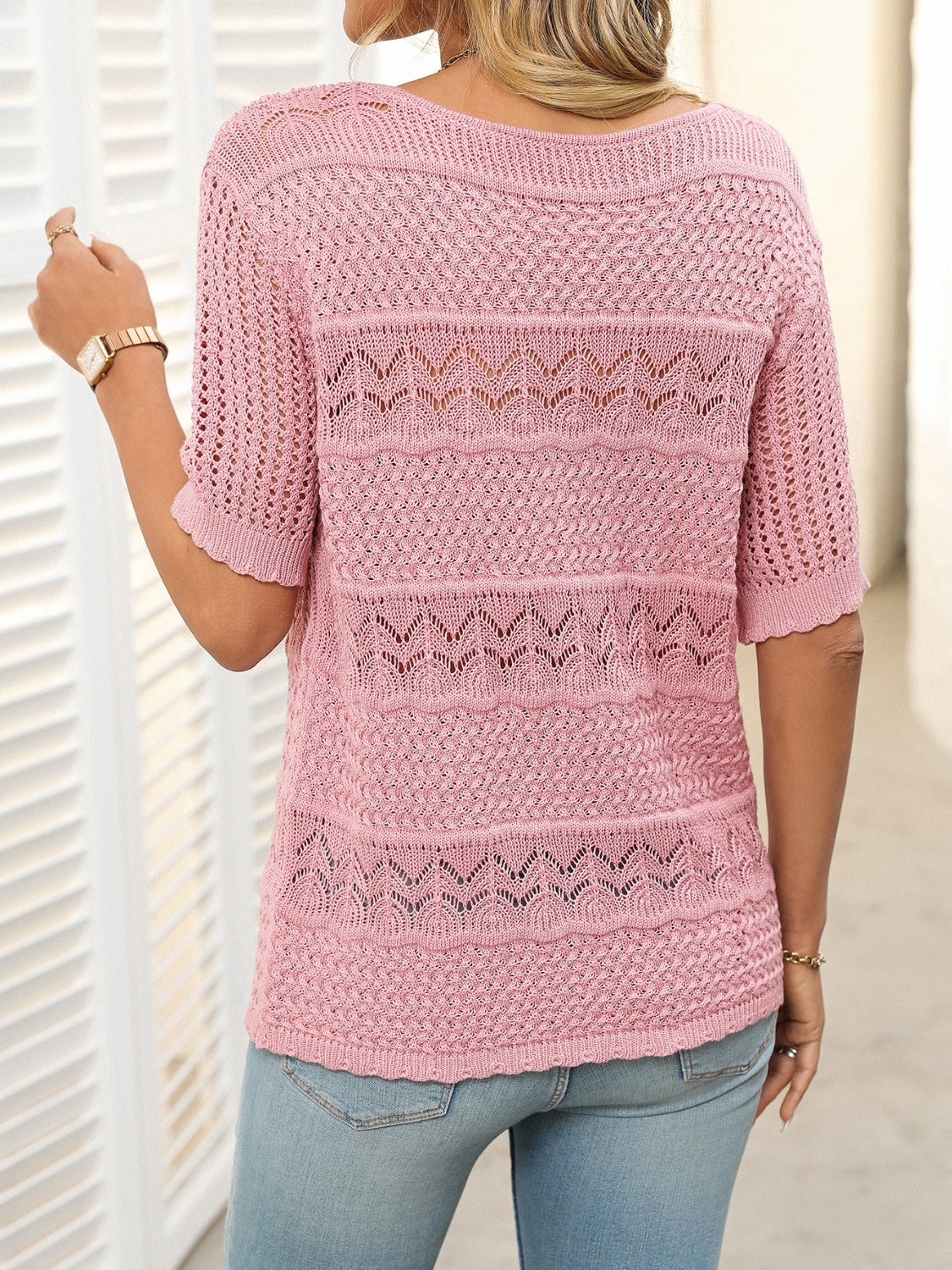 Mandy Openwork Round Neck Half Sleeve Knit Top