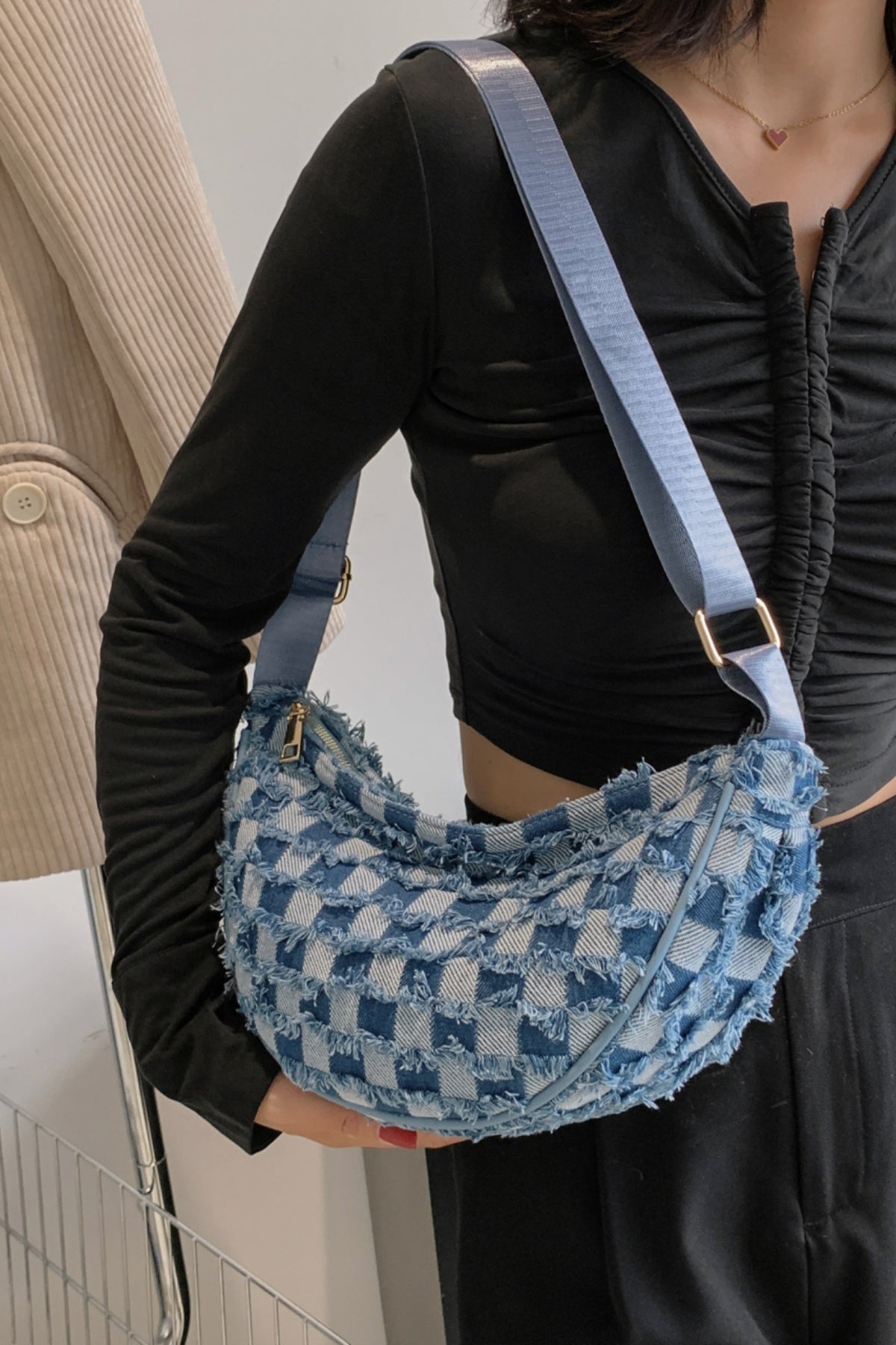 Outfit Flow - Raw Hem Checkered Denim Crossbody Bag