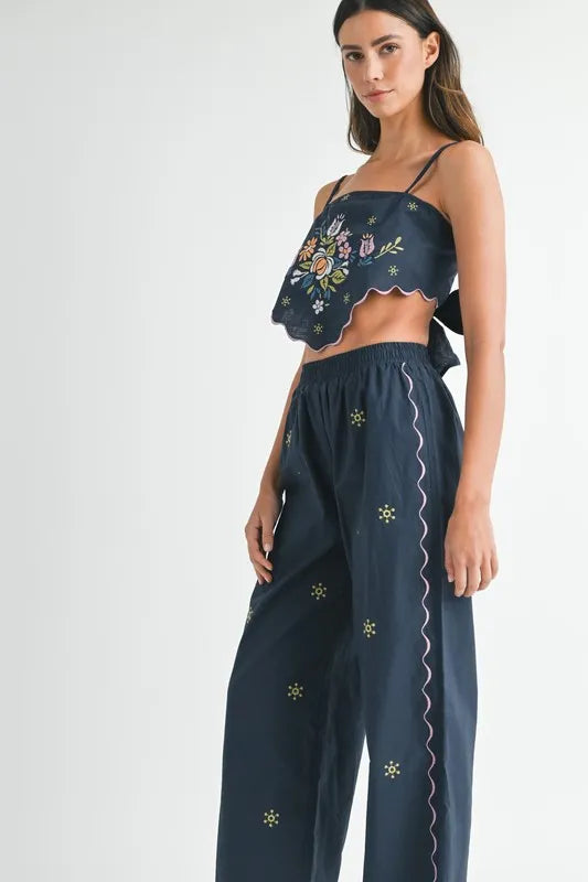 MABLE Linen Embroidered Scarf Top and Pants Set OutfitFlow