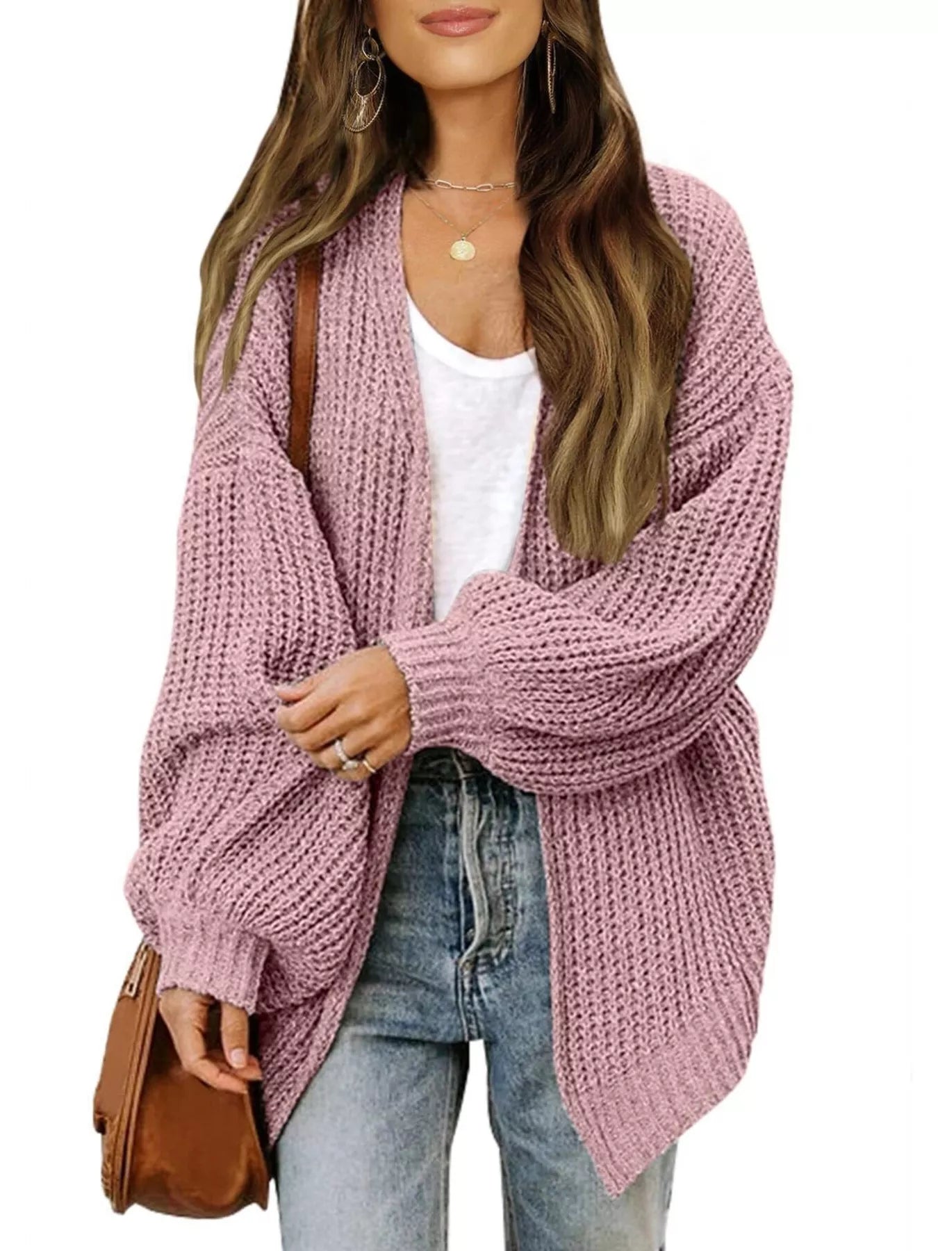 Oversized Chunky Knit Open Front Cardigan Pink OutfitFlow