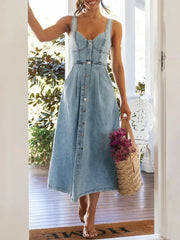 Sweetheart Neck Button-Front Midi Denim Dress OutfitFlow