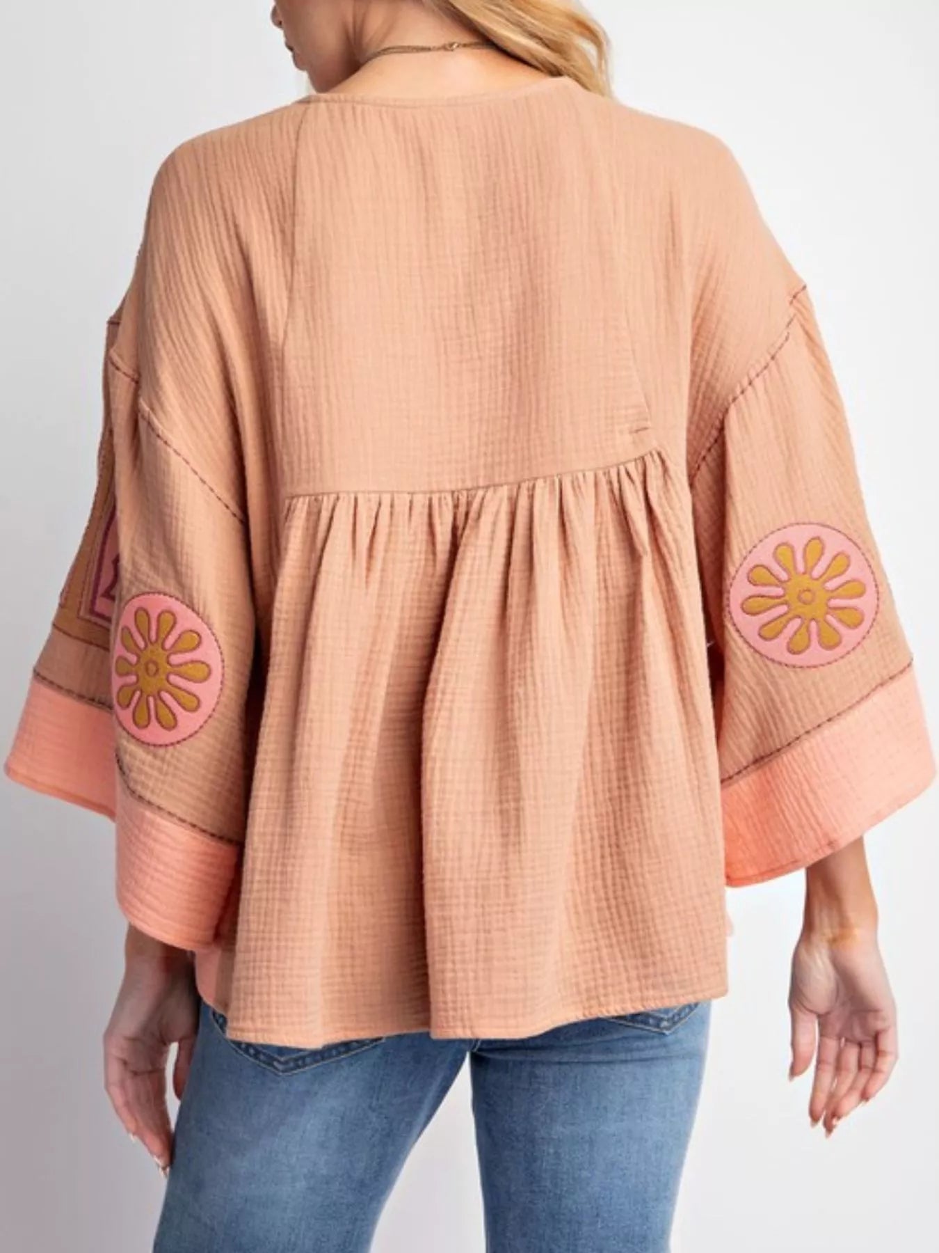 Printed V-Neck Top with Contrast Trim Details OutfitFlow