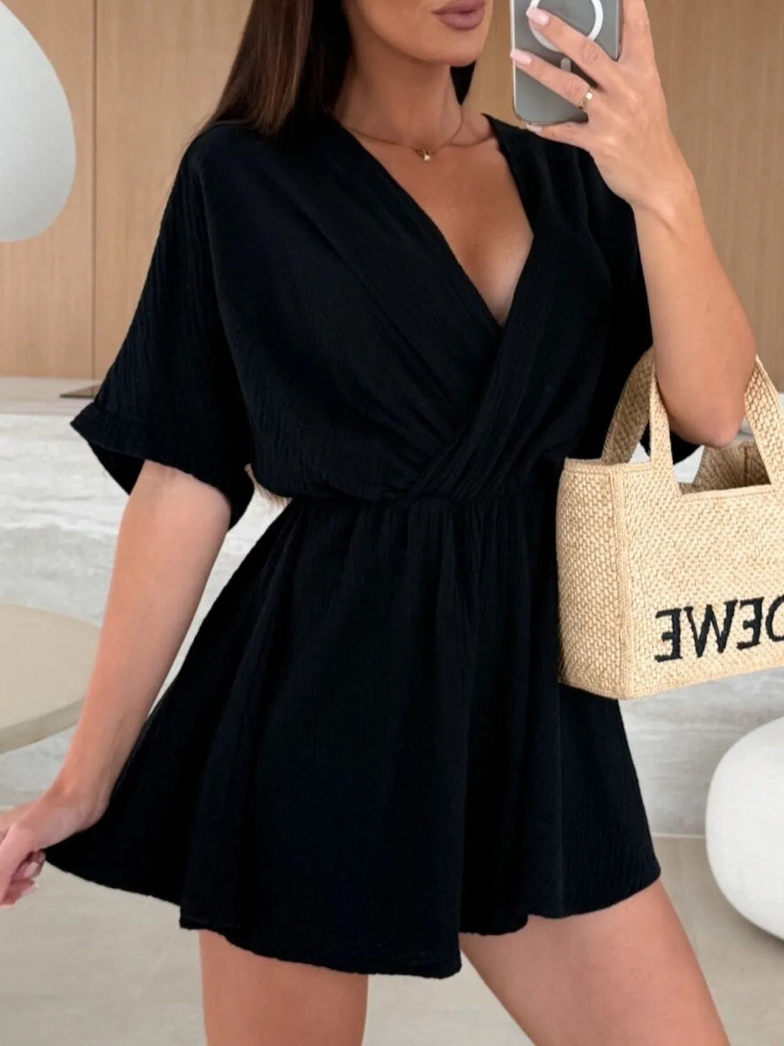 Surplice Half Sleeve Wrap Romper Black OutfitFlow