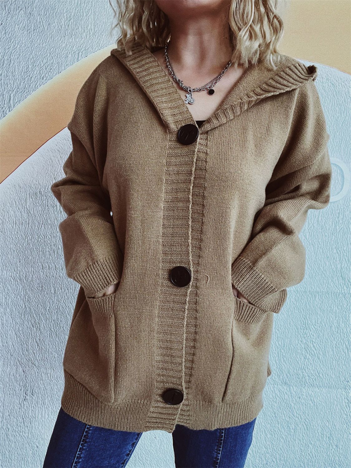 Dropped Shoulder Long Sleeve Hooded Cardigan