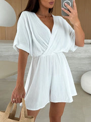 Surplice Half Sleeve Wrap Romper OutfitFlow