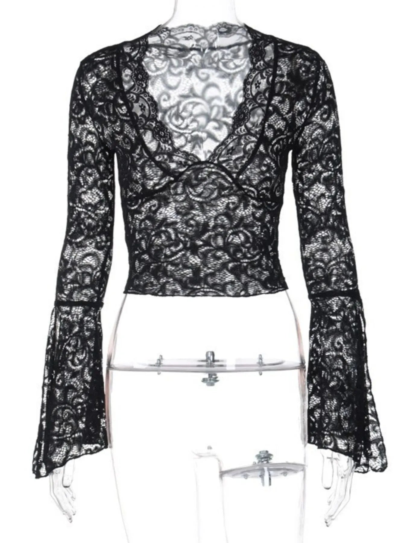 Lace Long Sleeve Deep V-Neck Blouse OutfitFlow