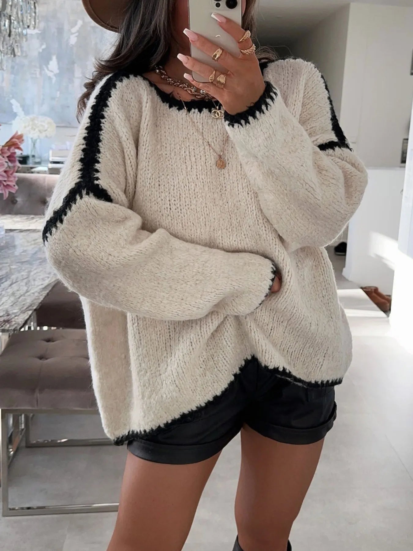Contrast Trim Oversized Sweater Apricot OutfitFlow