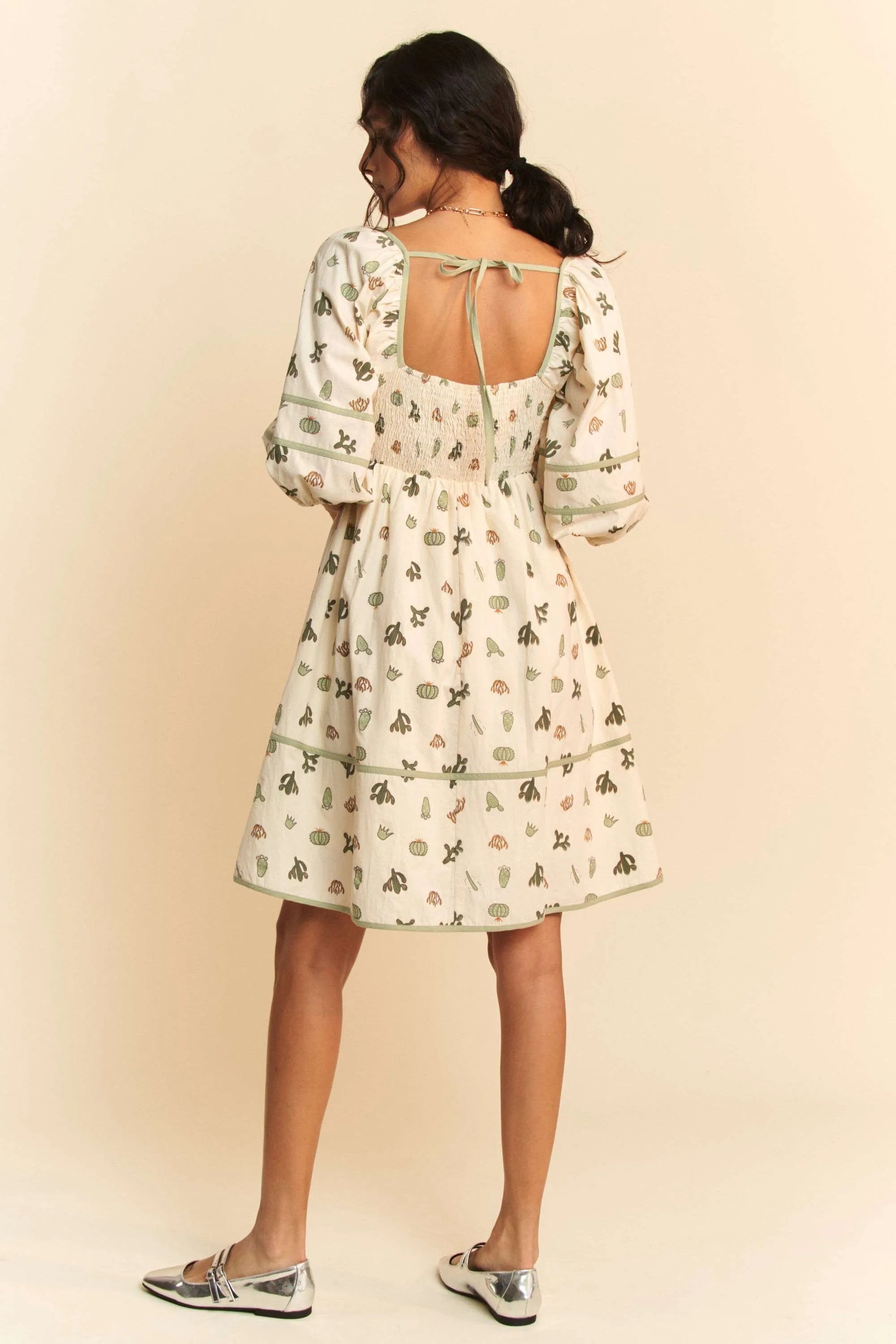 Davi & Dani Cactus Printed Poplin Contrast Piping Mini Dress OutfitFlow