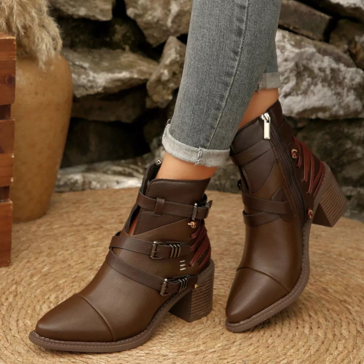 Point Toe Buckle Strap Ankle Boots with Block Heels Trendsi