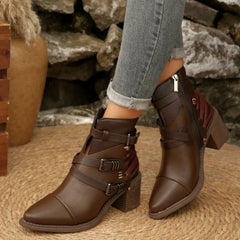 Point Toe Buckle Strap Ankle Boots with Block Heels Trendsi