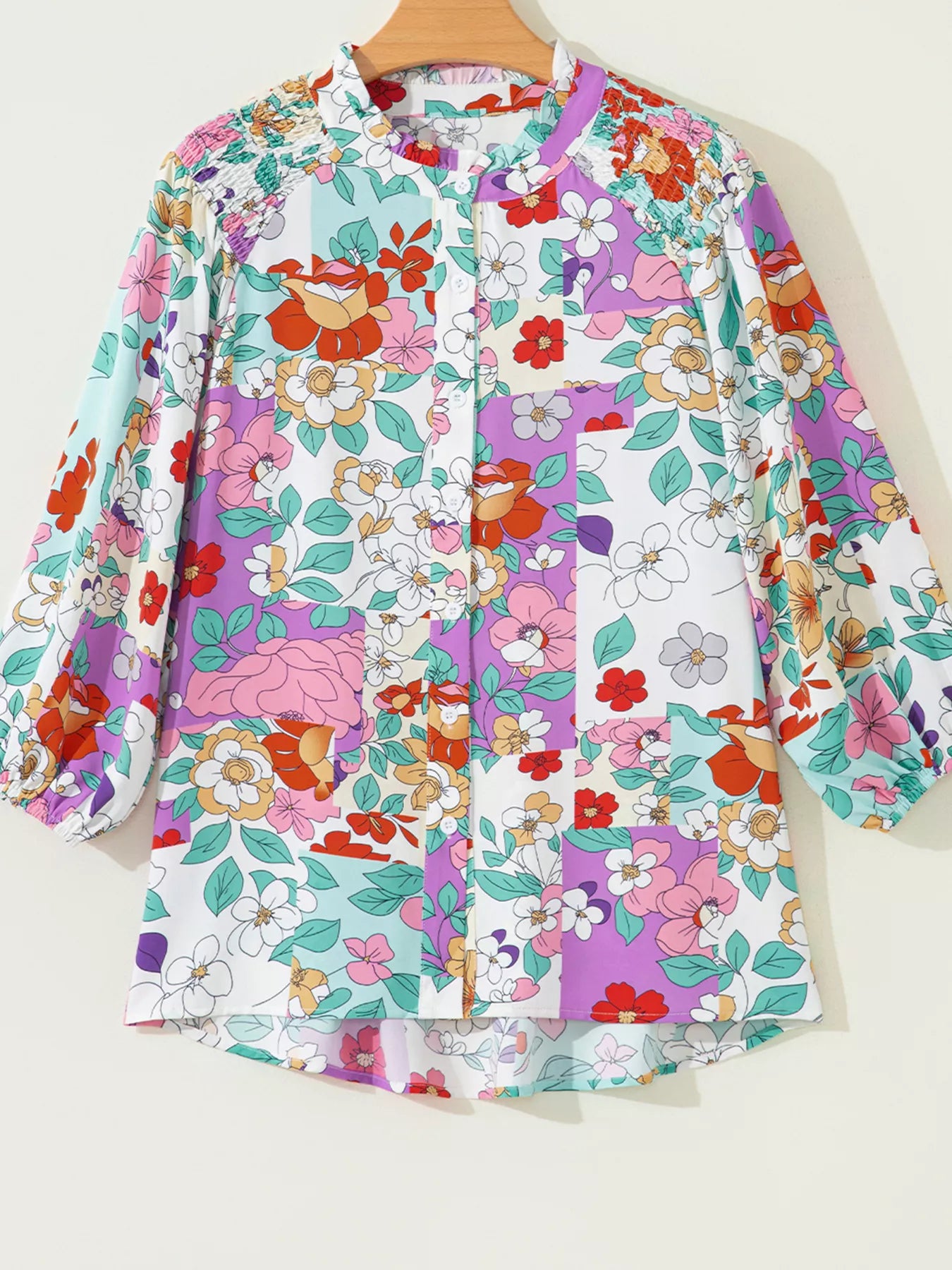 Floral Print Patchwork Frilly Neckline Long Sleeve Shirt Trendsi