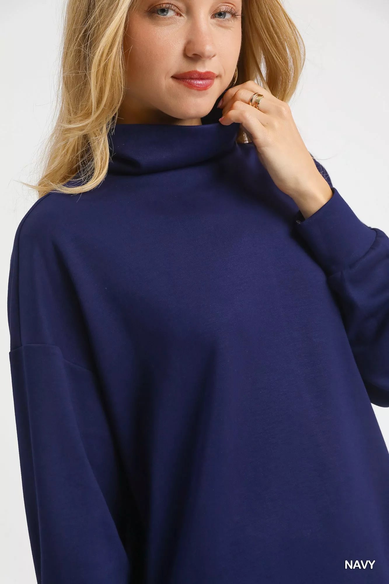 Umgee Turtle Neck Dolman Sleeve Side Slit Sweater with Contrast Detail OutfitFlow