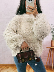 Chunky Round Neck Long Sleeve Sweater Beige One Size OutfitFlow