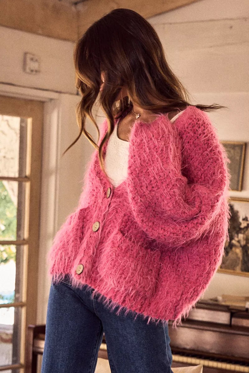SO ME Soft Touch Hairy Loose Fit Cozy Sweater Cardigan OutfitFlow