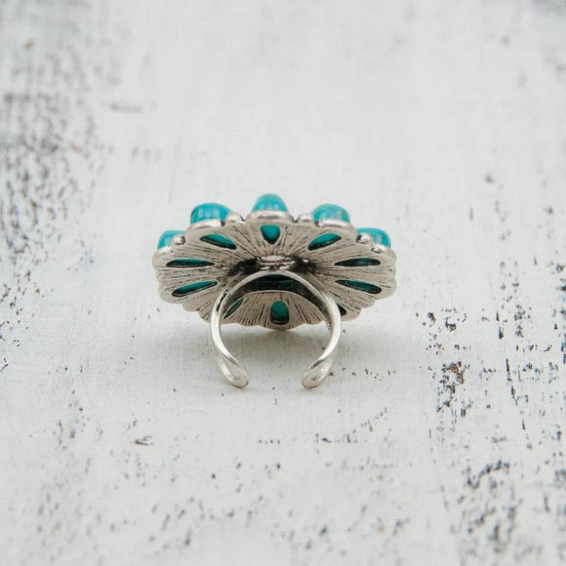 Outfit Flow - Artificial Turquoise Alloy Flower Ring