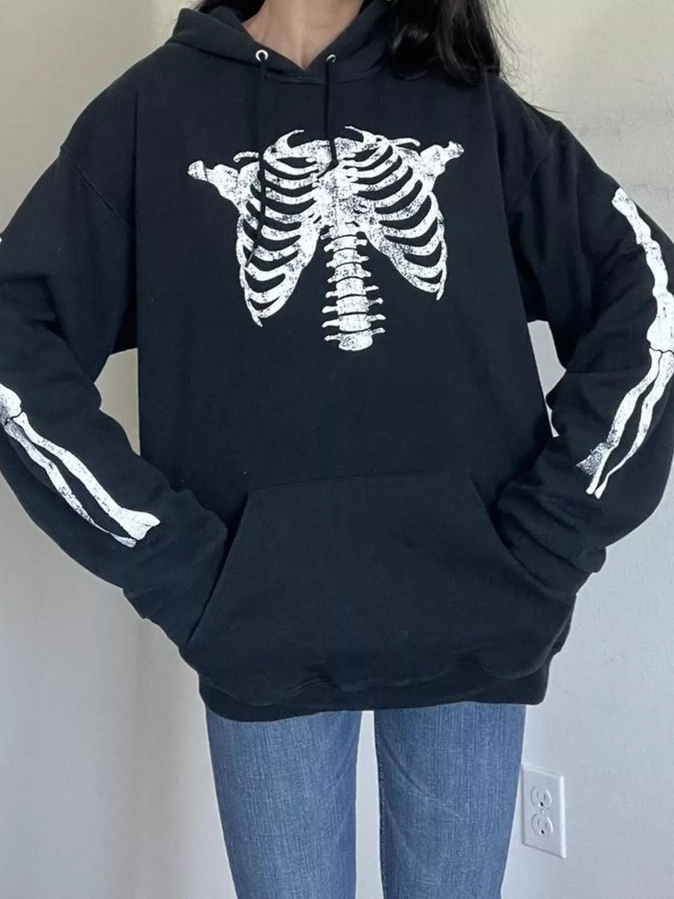 Drawstring Skeleton Long Sleeve Hoodie OutfitFlow