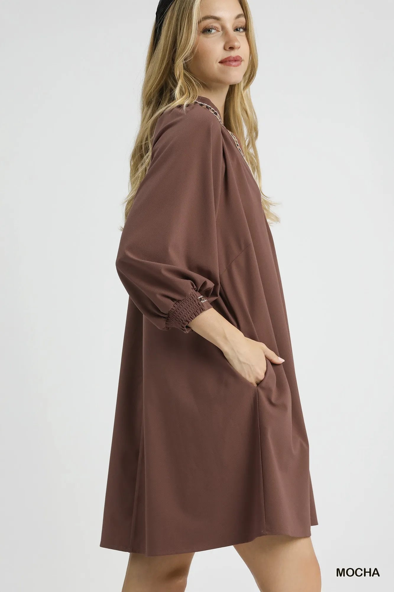 Umgee Notched Shift Dress with Trim Detail OutfitFlow
