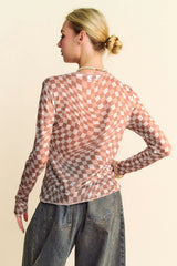 Davi & Dani Checker Board Mesh Long Sleeve Layering Top OutfitFlow