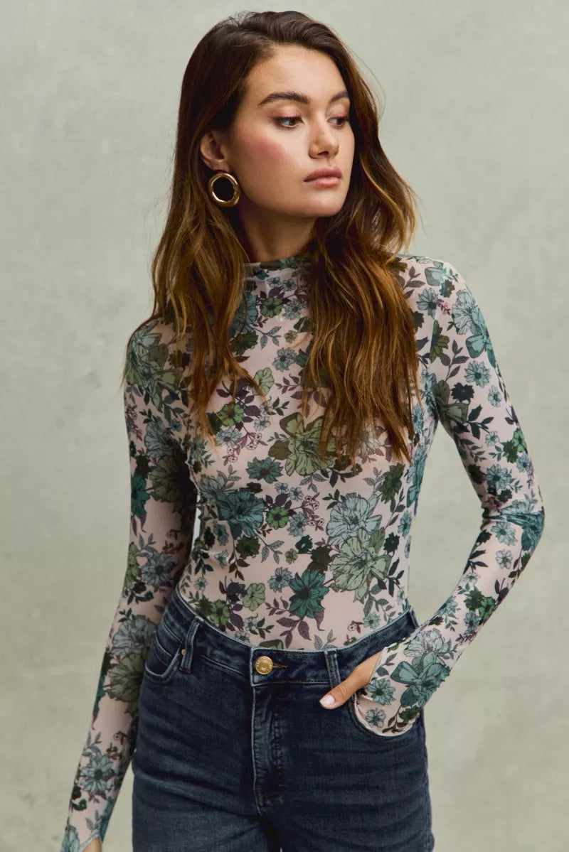 SO ME Floral Print Mesh Knit Long Sleeves Top OutfitFlow