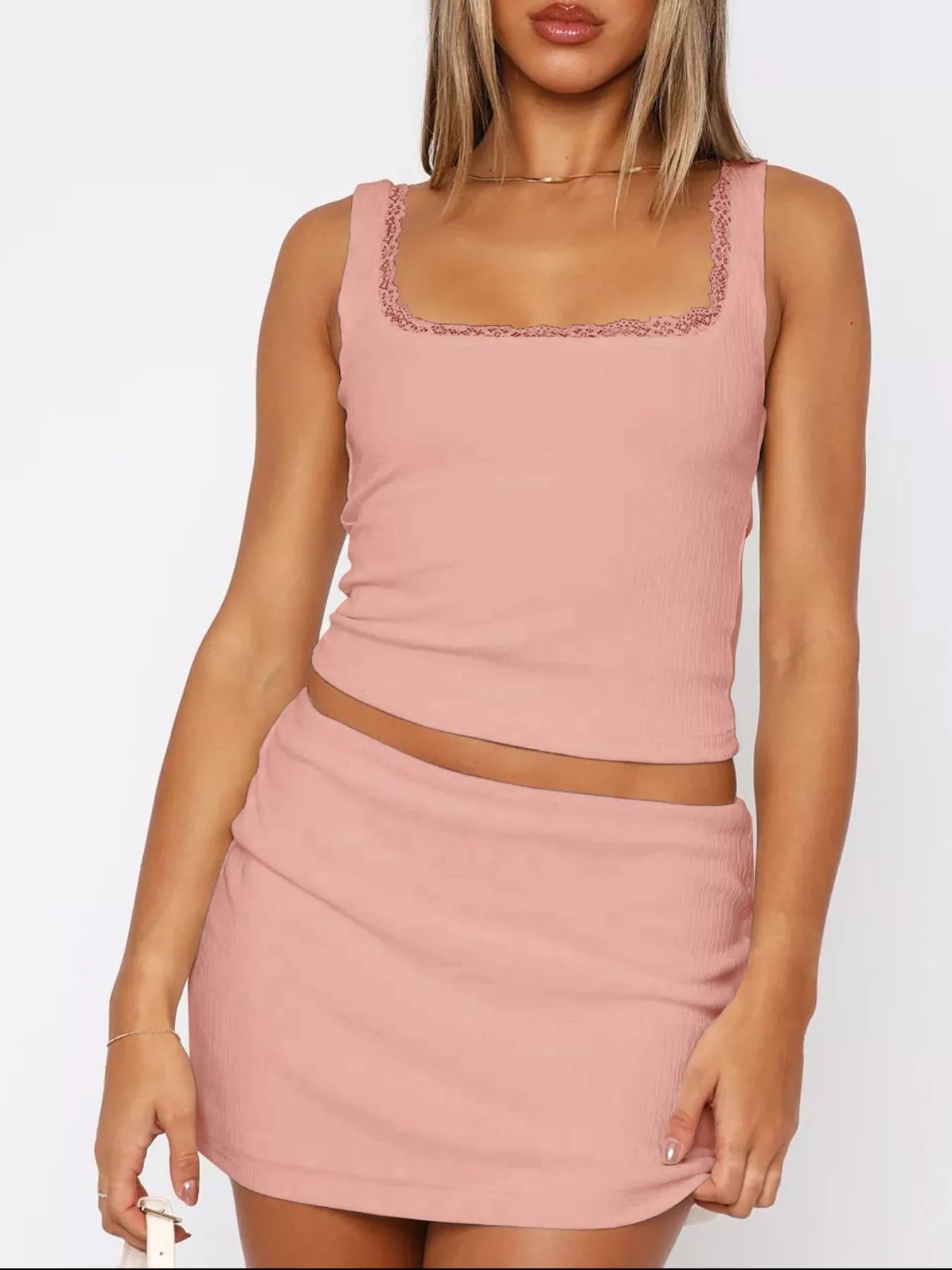 Lace Detail Square Neck Tank and Skirt Set OutfitFlow
