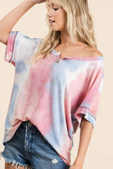 BiBi Tie Dye French Terry Top With Buttoned Placket OutfitFlow