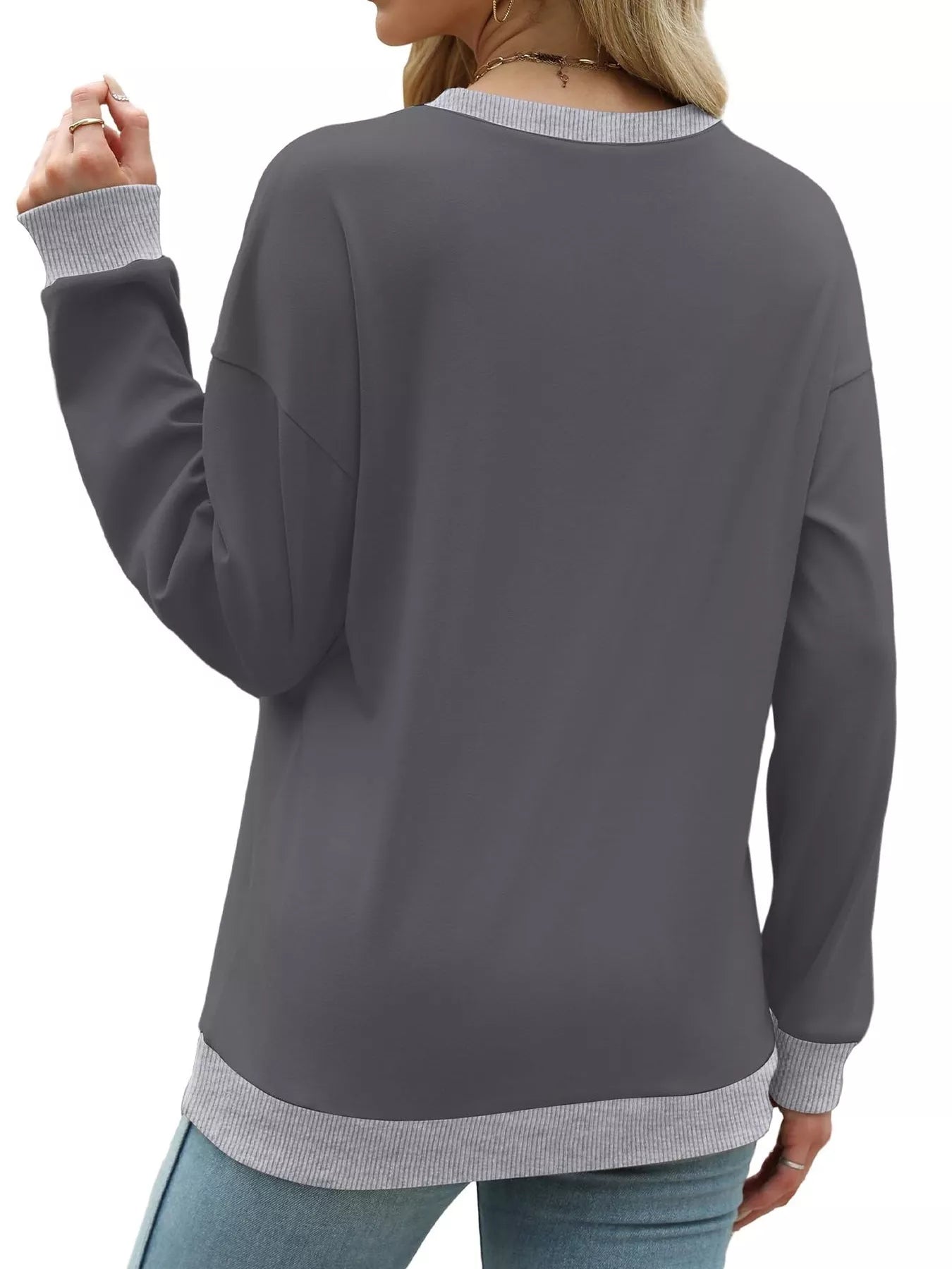 Contrast Trim Crew Neck Casual Sweatshirt OutfitFlow