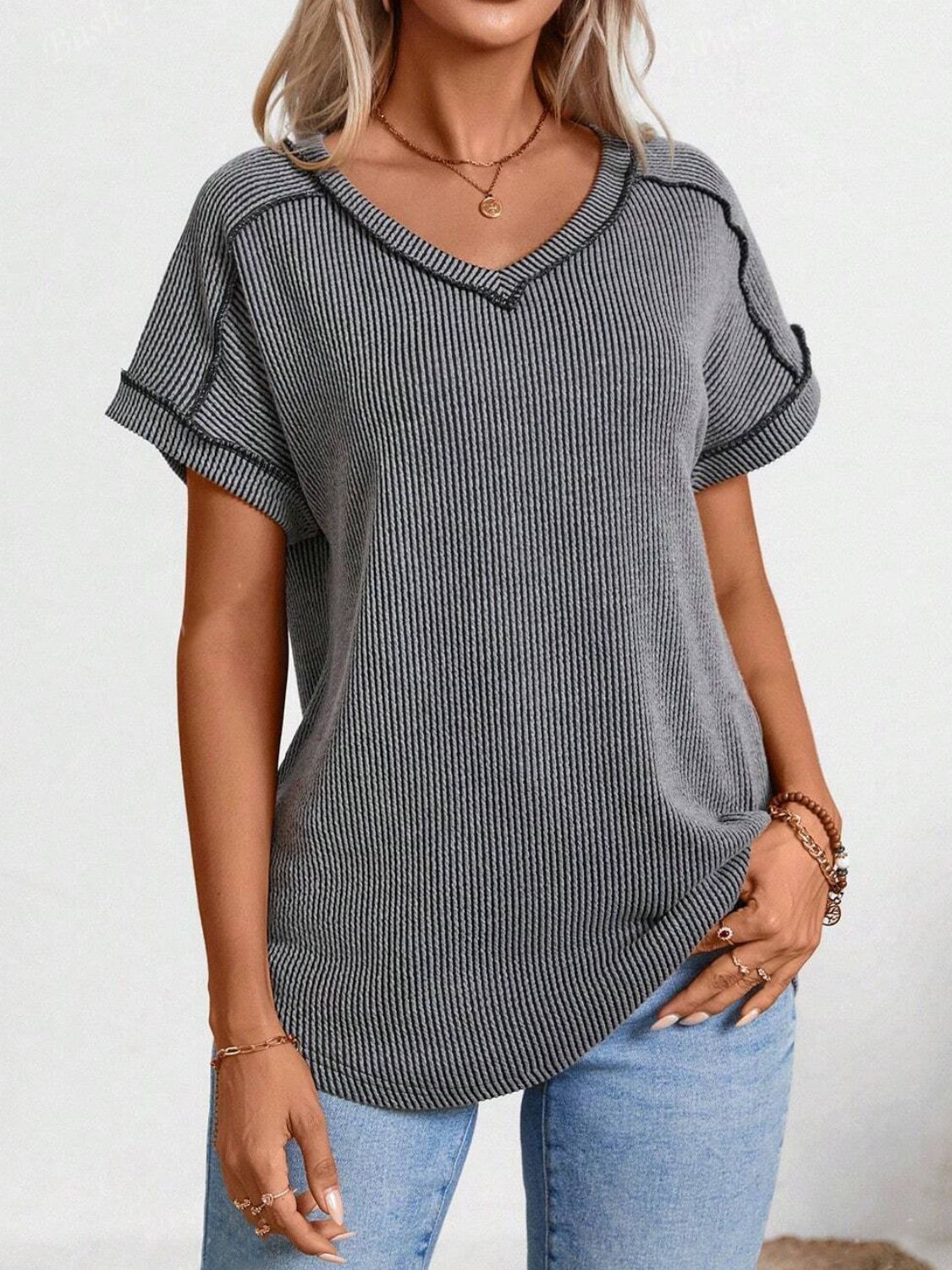 Exposed Seam V-Neck Short Sleeve Top OutfitFlow