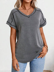 Exposed Seam V-Neck Short Sleeve Top OutfitFlow