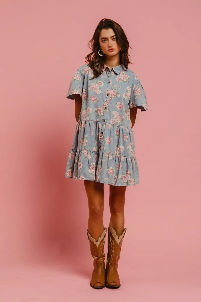 BiBi Floral Print Washed Lightweight Tiered Shirt Dress OutfitFlow