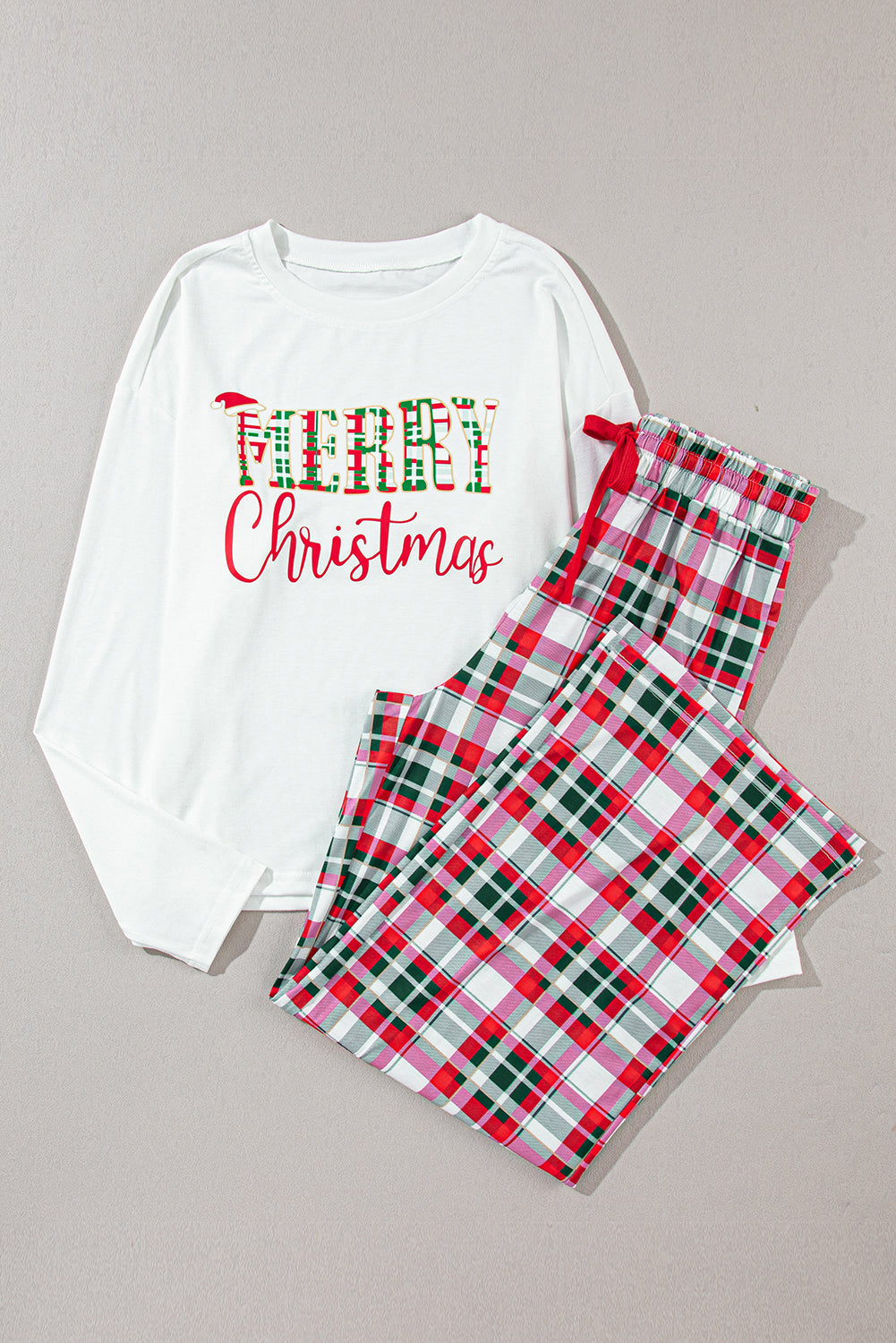 Outfit Flow - MERRY CHRISTMAS Round Neck Top and Plaid Pants Set