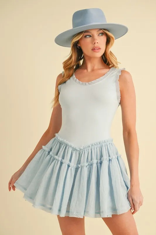 Aemi+Co Frill Sleeveless Drop Waist Mini Dress SKY OutfitFlow
