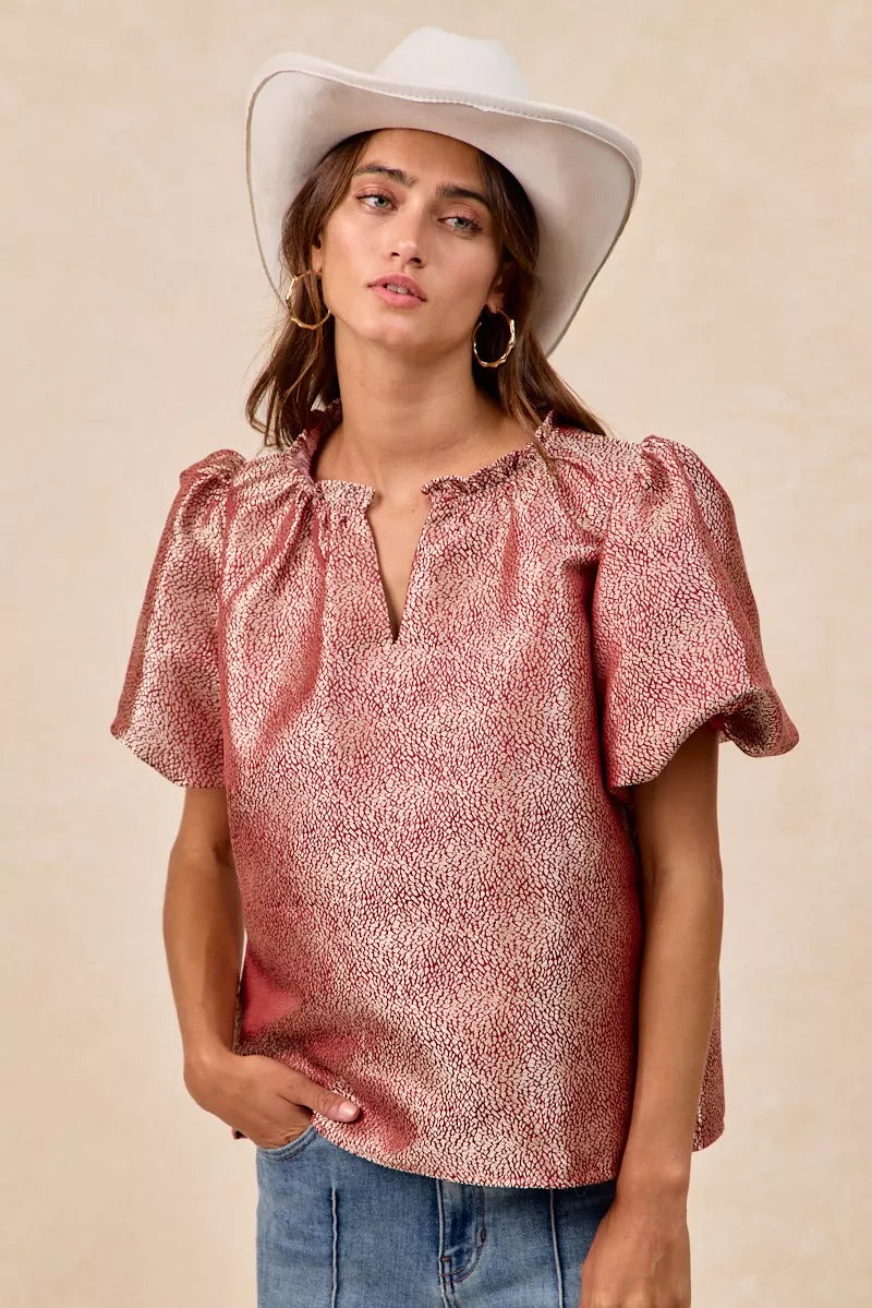 BiBi Jacquard Woven Short Balloon Sleeves V Neck Top OutfitFlow