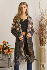 ADORA Full Size Fringe Hem Aztec Cardigan Plus Size OutfitFlow