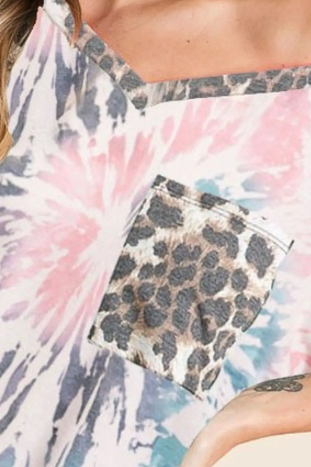 BiBi Tie Dye Print V Neck Top with Front Patch Pocket OutfitFlow