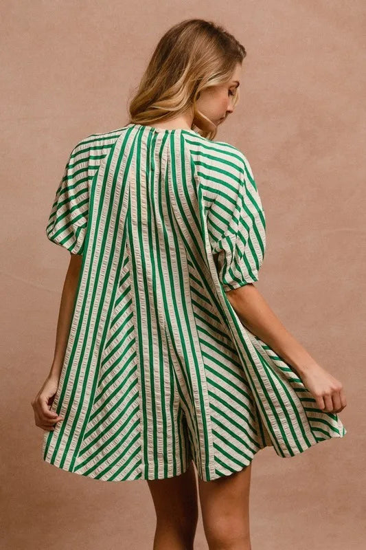 BiBi Puffy Sleeves Romper with Back Button Closure OutfitFlow